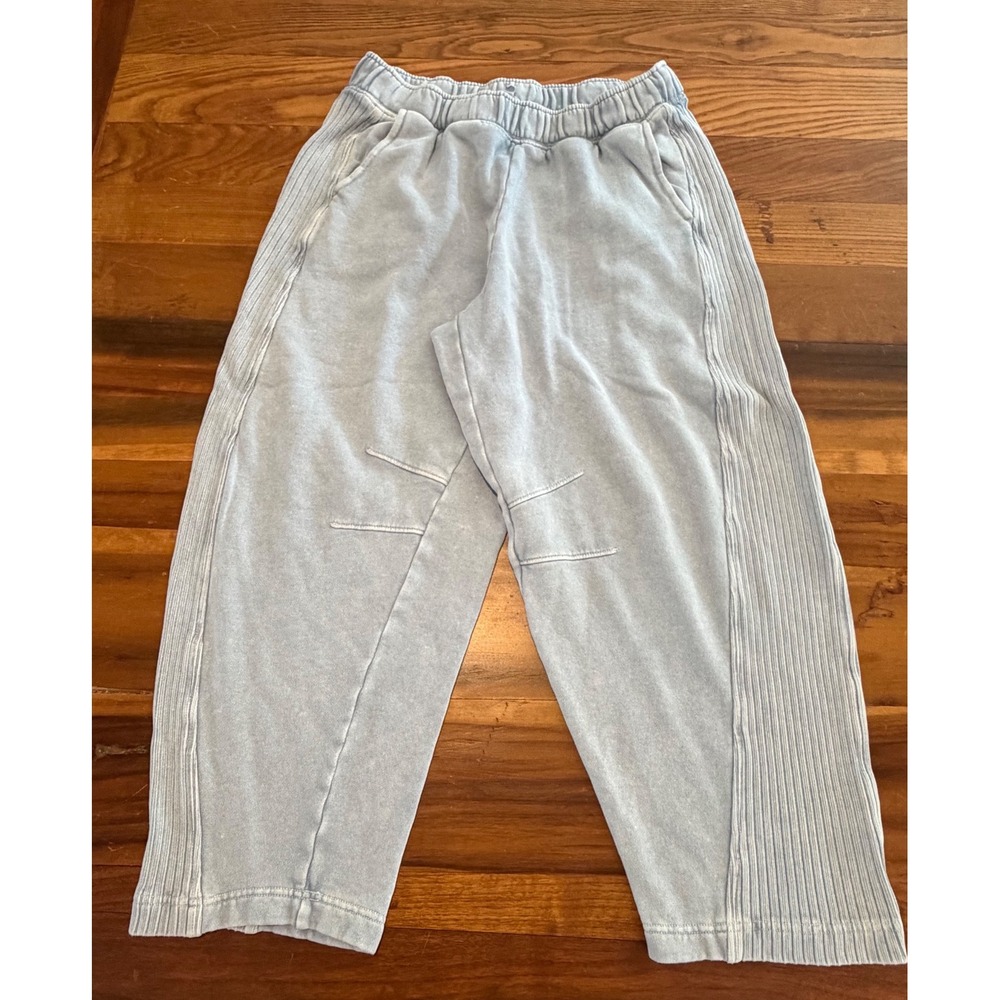Aerie Cropped Sweatpants M Light Blue Ribbed Panel Barrel Leg Lounge